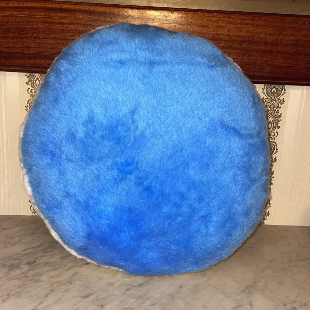 Eclectic 1960 Vintage Circular Pillow Blue White 2D Cat Marble Like Eyes Kitschy
